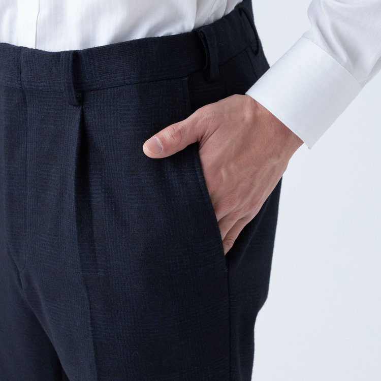 シルバーライン 【発送在庫あり】【RBC】【秋冬】ウールブレンド1タックテーパードパンツ/ネイビー×グレンチェック/ウエストムーブ/※裾上げ必要 紺中間