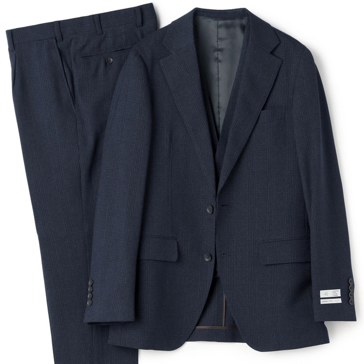 シルバーライン 【CLASSICO TAPERED】【秋冬】2釦シングルスリーピーススーツ 1タックテーパードパンツ/ネイビー×プレイド/ウエストムーブ/4S SUSTAINABILITY&ECOLOGY FABRIC/※パンツ裾上げ済仕様 紺濃色