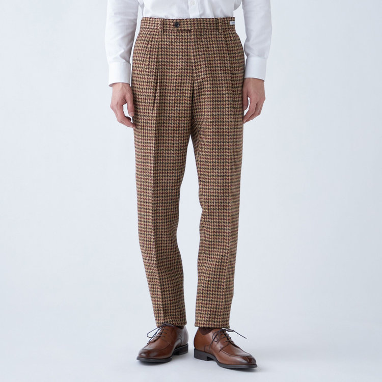 シルバーライン 【CLASSICO TAPERED】【秋冬】ウールテーパードパンツ 2タック/ブラウン×チェック+ツイード/Harris Tweed hand woven in the outer hebrides of scotland/※裾上げ必要 茶淡色