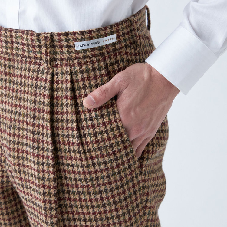 シルバーライン 【CLASSICO TAPERED】【秋冬】ウールテーパードパンツ 2タック/ブラウン×チェック+ツイード/Harris Tweed hand woven in the outer hebrides of scotland/※裾上げ必要 茶淡色