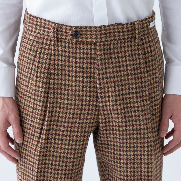 シルバーライン 【CLASSICO TAPERED】【秋冬】ウールテーパードパンツ 2タック/ブラウン×チェック+ツイード/Harris Tweed hand woven in the outer hebrides of scotland/※裾上げ必要 茶淡色