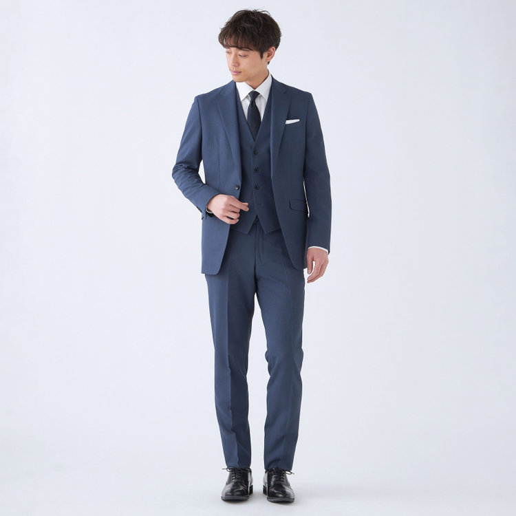 スーツセレクト 【発送在庫あり】【SLIM TAPERED_2】【春夏】2釦シングルスリーピーススーツ 0タック/ネイビーブルー×マイクロチェック/ウエストシャーリング/4S SUSTAINABILITY&ECOLOGY FABRIC/※パンツ裾上げ済仕様 ネイビー系(紺)