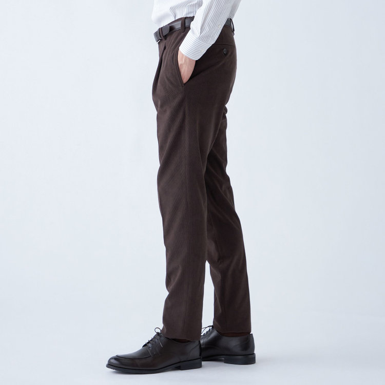 シルバーライン 【CLASSICO TAPERED】【秋冬】ポリエステル1タックテーパードパンツ/ブラウン×コーデュロイ/シャーリング仕様/4S SUSTAINABLE/※裾上げ必要 茶濃色