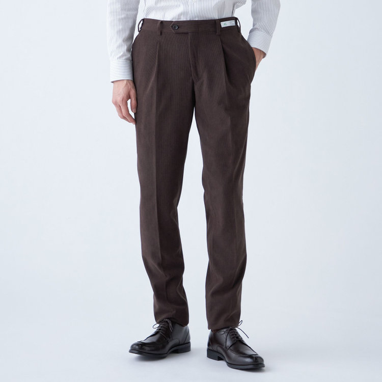 シルバーライン 【CLASSICO TAPERED】【秋冬】ポリエステル1タックテーパードパンツ/ブラウン×コーデュロイ/シャーリング仕様/4S SUSTAINABLE/※裾上げ必要 茶濃色