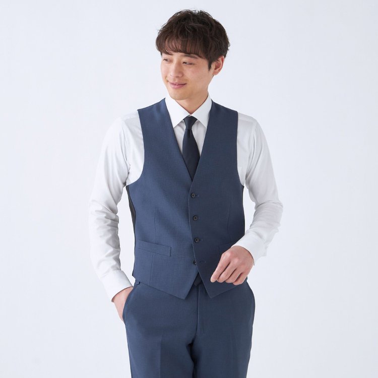 スーツセレクト 【発送在庫あり】【SLIM TAPERED_2】【春夏】2釦シングルスリーピーススーツ 0タック/ネイビーブルー×マイクロチェック/ウエストシャーリング/4S SUSTAINABILITY&ECOLOGY FABRIC/※パンツ裾上げ済仕様 ネイビー系(紺)