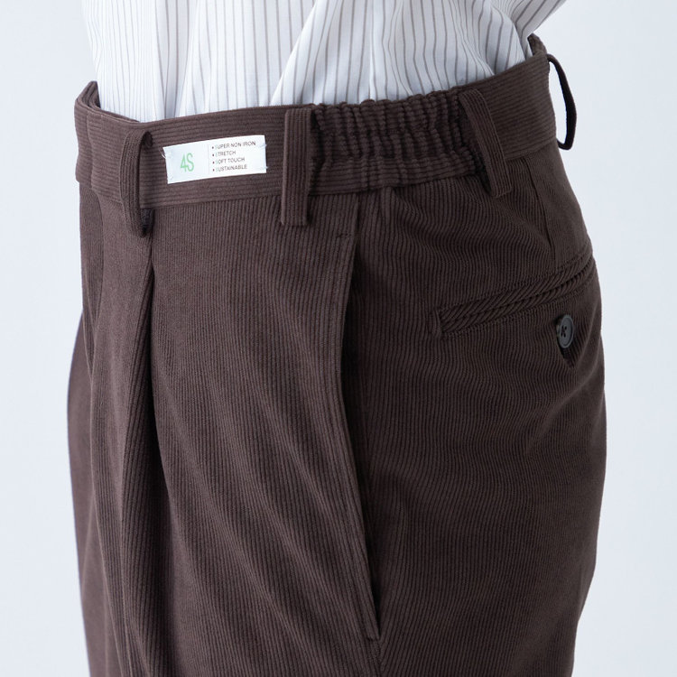 シルバーライン 【CLASSICO TAPERED】【秋冬】ポリエステル1タックテーパードパンツ/ブラウン×コーデュロイ/シャーリング仕様/4S SUSTAINABLE/※裾上げ必要 茶濃色