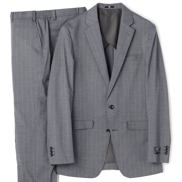 ブラックライン 【SLIM TAPERED_2】【春夏】2釦シングルスーツ 0タック/グレー×ストライプ/ウエストシャーリング/4S SUSTAINABILITY&ECOLOGY FABRIC/ウォッシャブル/※パンツ裾上げ済仕様 グレー中間