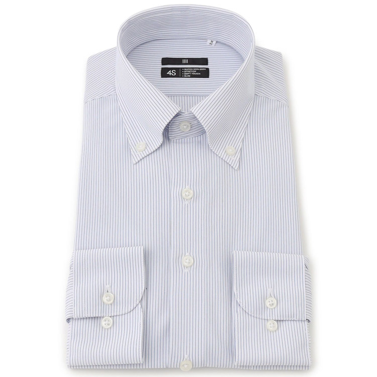 ブラックライン 【発送在庫あり】【BLACK LINE】ボタンダウンワイシャツ/ホワイト×ネイビーストライプ/「4S」スーパーノンアイロン・ストレッチ 青濃色