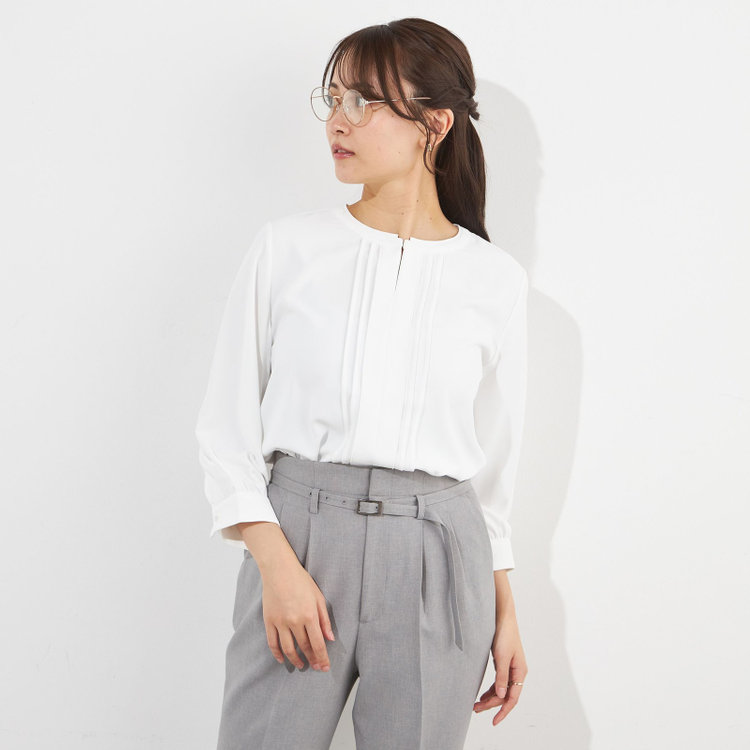 シルバーライン 【SILVER LINE/7分袖】配色フロントプリーツプルオーバー/ホワイト/「ウォッシャブル」「ストレッチ」「防シワ」「UV加工」「静電気防止」 白