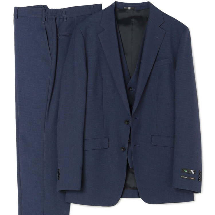 スーツセレクト 【発送在庫あり】【SLIM TAPERED_2】【春夏】2釦シングルスリーピーススーツ 0タック/ネイビーブルー×マイクロチェック/ウエストシャーリング/4S SUSTAINABILITY&ECOLOGY FABRIC/※パンツ裾上げ済仕様 ネイビー系(紺)