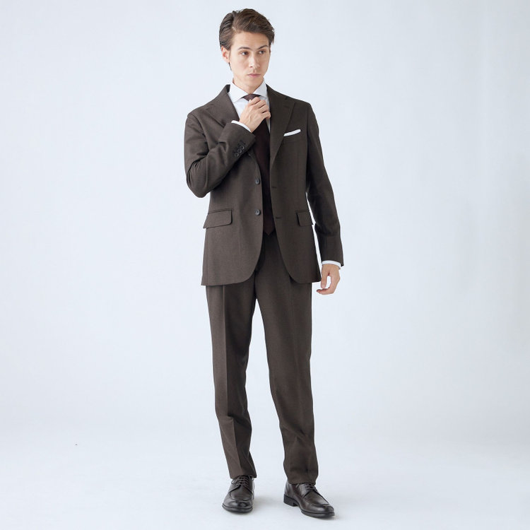 シルバーライン 【発送在庫あり】【CLASSICO TAPERED】【秋冬】3釦段返りシングルスーツ 2タック/ブラウン×ヘリンボーン/ウエストムーブ/MARZOTTO/※裾上げ必要 茶中間