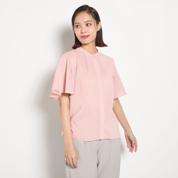 【半袖】バンドカラーブラウス/ピンク/「ストレッチ」「通気性」「吸水・速乾」「環境負荷軽減」