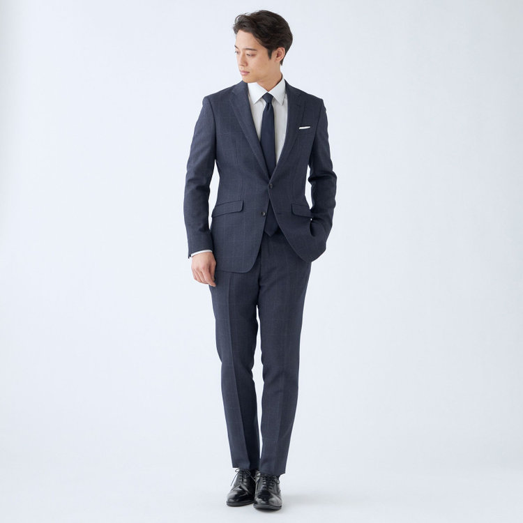 ブラックライン 【発送在庫あり】【SLIM TAPERED_2】【秋冬】コーディネートパンツ付き/2釦シングルスーツ 0タック/ネイビー×チェック+グレーソリッドパンツ/ウエストシャーリング/4S SUSTAINABILITY/※パンツ裾上げ済仕様 青中間