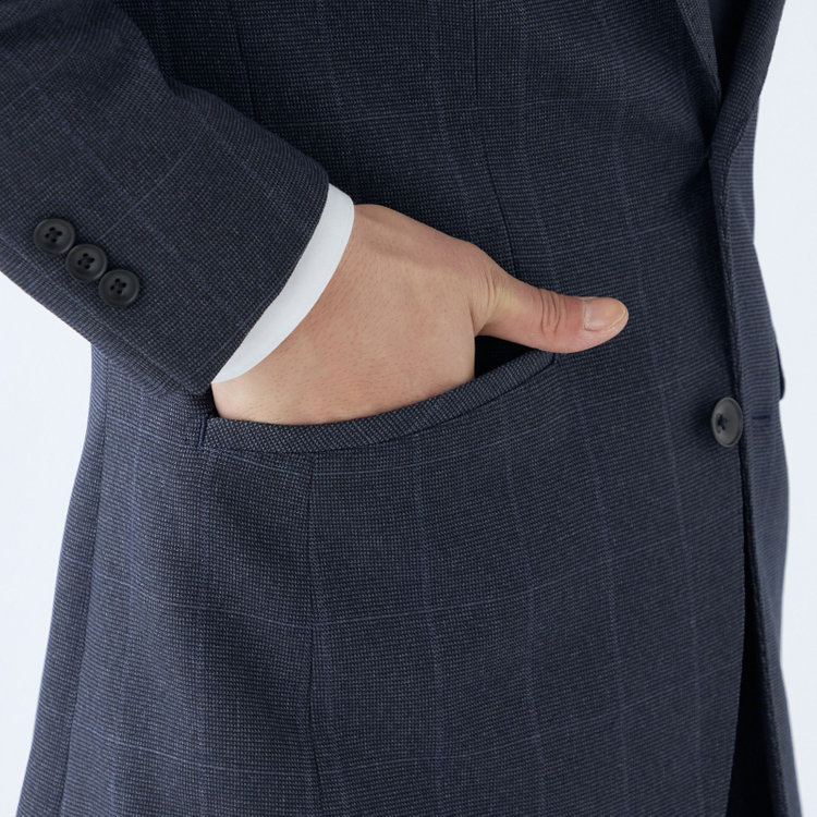ブラックライン 【発送在庫あり】【SLIM TAPERED_2】【秋冬】コーディネートパンツ付き/2釦シングルスーツ 0タック/ネイビー×チェック+グレーソリッドパンツ/ウエストシャーリング/4S SUSTAINABILITY/※パンツ裾上げ済仕様 青中間