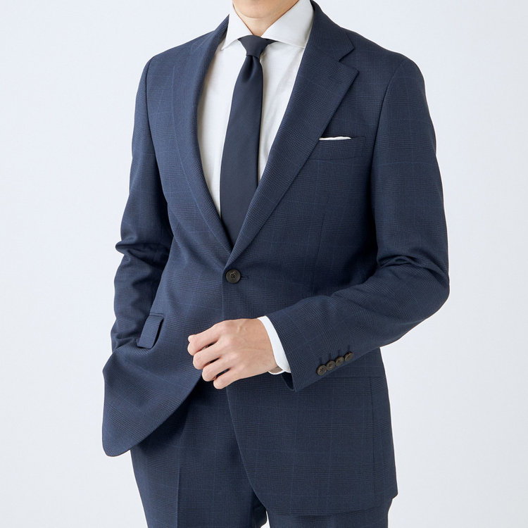 シルバーライン 【発送在庫あり】【CLASSICO TAPERED】【秋冬】スペアパンツ付き/2釦シングルスーツ 1タック/ネイビー×グレンチェックオーバーペン/ウォッシャブル/※裾上げ必要 青中間