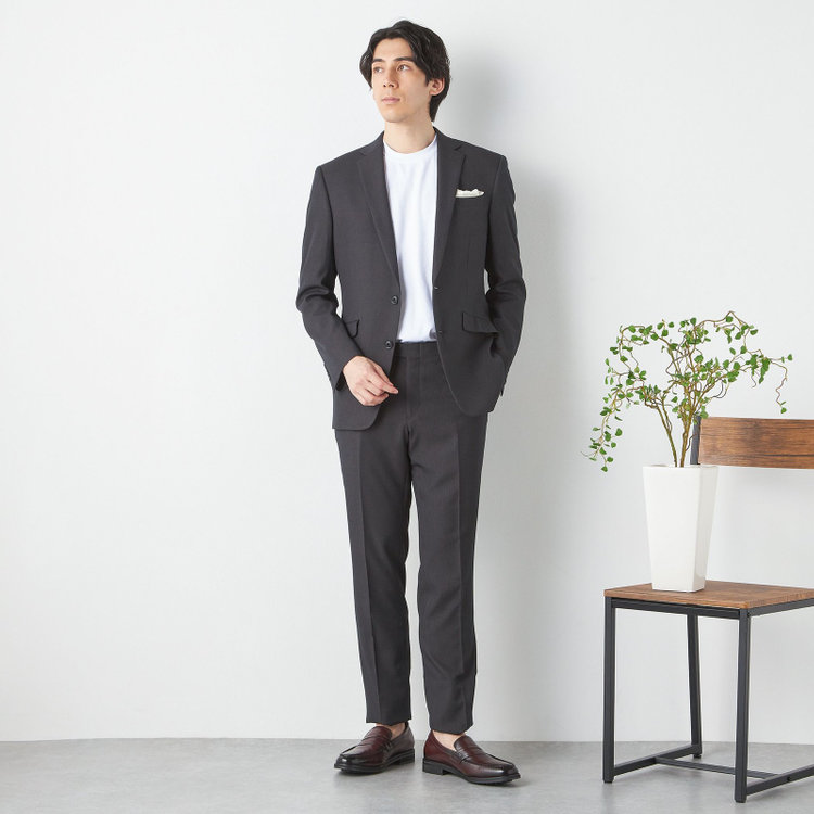 ブラックライン 【KSW】【年間】2釦シングルスーツ ノータックパンツ / チャコールグレー×ストライプ / パンツウォッシャブル ※裾上げ必要 グレー濃色