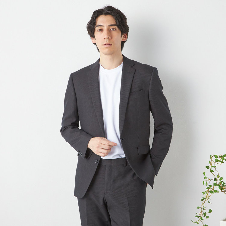 ブラックライン 【KSW】【年間】2釦シングルスーツ ノータックパンツ / チャコールグレー×ストライプ / パンツウォッシャブル ※裾上げ必要 グレー濃色