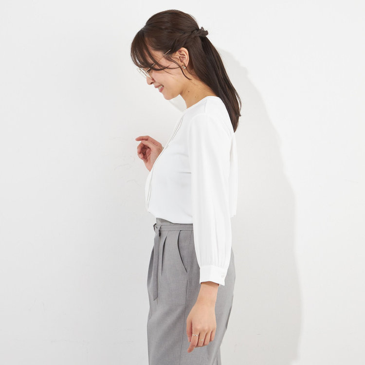 シルバーライン 【SILVER LINE/7分袖】配色フロントプリーツプルオーバー/ホワイト/「ウォッシャブル」「ストレッチ」「防シワ」「UV加工」「静電気防止」 白