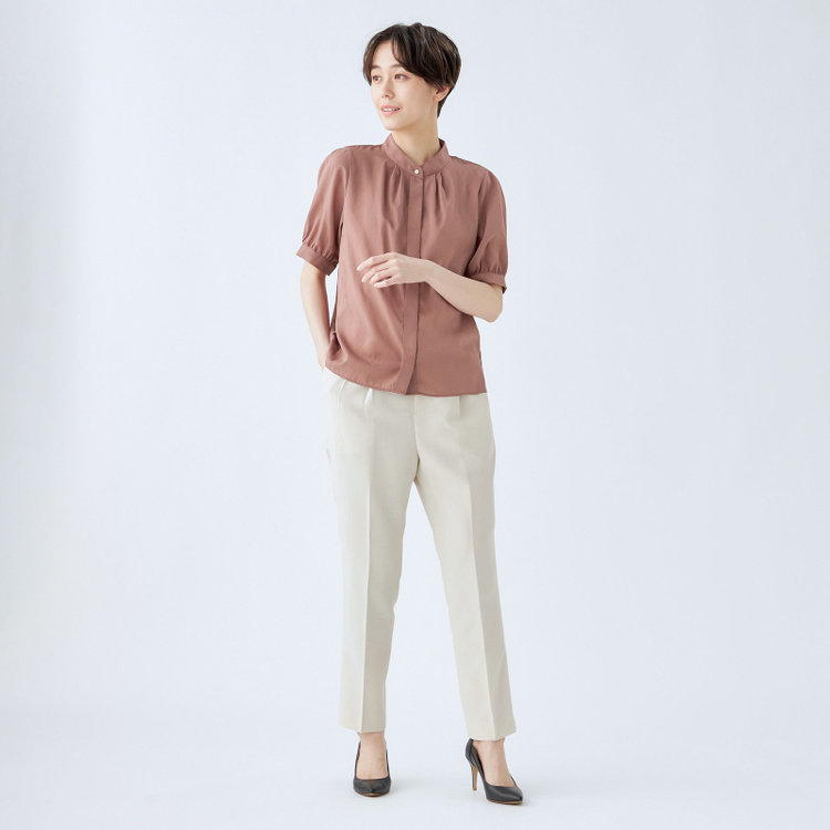 シルバーライン 【SL/半袖】バンドカラーブラウス/ブラウン/ストレッチ/通気性/吸水・速乾 茶中間