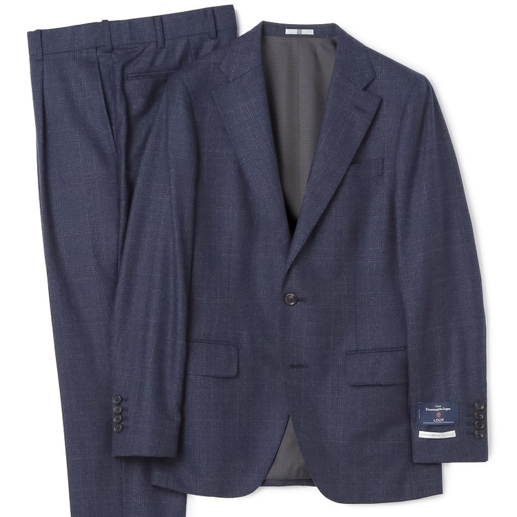 シルバーライン 【発送在庫あり】【CLASSICO TAPERED】【秋冬】2釦シングルスーツ 1タック/ネイビー×チェックオーバーペン/Ermenegildo Zegna LOOP woven in italy/※裾上げ必要 茶濃色