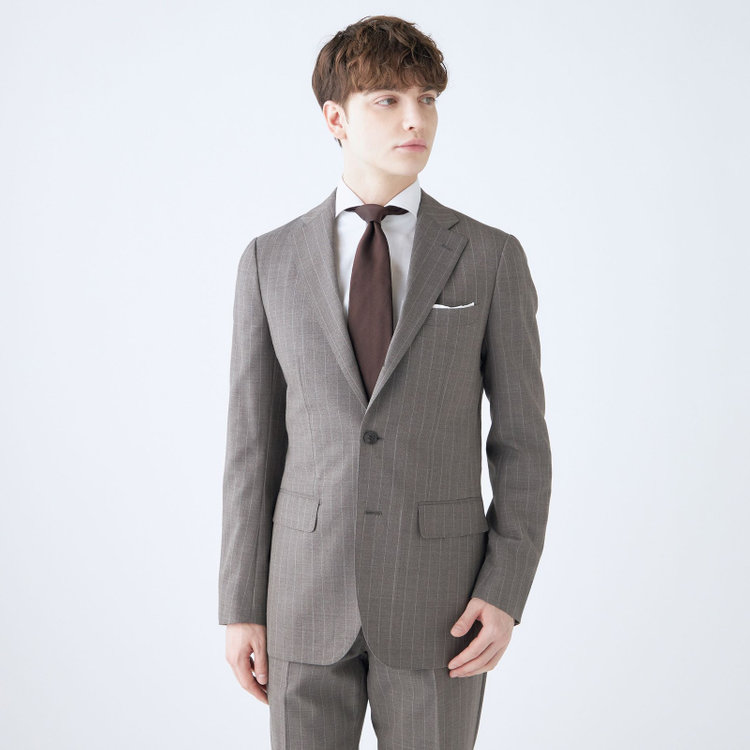 シルバーライン 【CLASSICO TAPERED】【春夏】3釦段返りシングルスーツ 2タック/グレージュ×ストライプ/ウエストムーブ/NEW ZEALAND WOOL MIX/※裾上げ必要 グレー中間