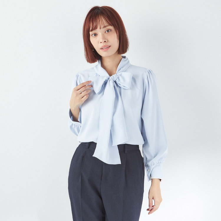 スーツセレクト 【SUIT SELECT×Samantha Thavasa】【長袖】前後2WAYボウタイブラウス/ブルー/「ウォッシャブル可能」「2WAYストレッチ」「防シワ」「UV加工」「接触冷感」「透け軽減」 青淡色