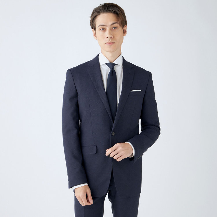 ブラックライン 【SLIM TAPERED_2】【秋冬】2釦シングルスーツ 0タック/ネイビー×バーズアイ/ウエストシャーリング/4S SUSTAINABILITY&ECOLOGY FABRIC/※パンツ裾上げ済仕様 紺中間