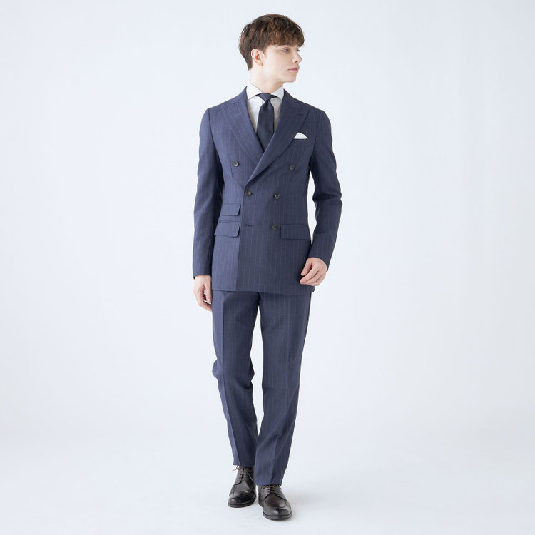 シルバーライン 【CLASSICO TAPERED】【春夏】6釦2掛けダブルスーツ 2タック/ネイビー×ストライプ/チェンジポケット/ウエストムーブ/NEW ZEALAND WOOL MIX/※裾上げ必要 青中間