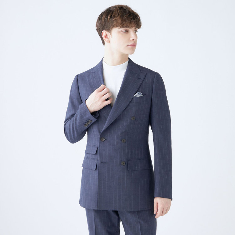 シルバーライン 【CLASSICO TAPERED】【春夏】6釦2掛けダブルスーツ 2タック/ネイビー×ストライプ/チェンジポケット/ウエストムーブ/NEW ZEALAND WOOL MIX/※裾上げ必要 青中間