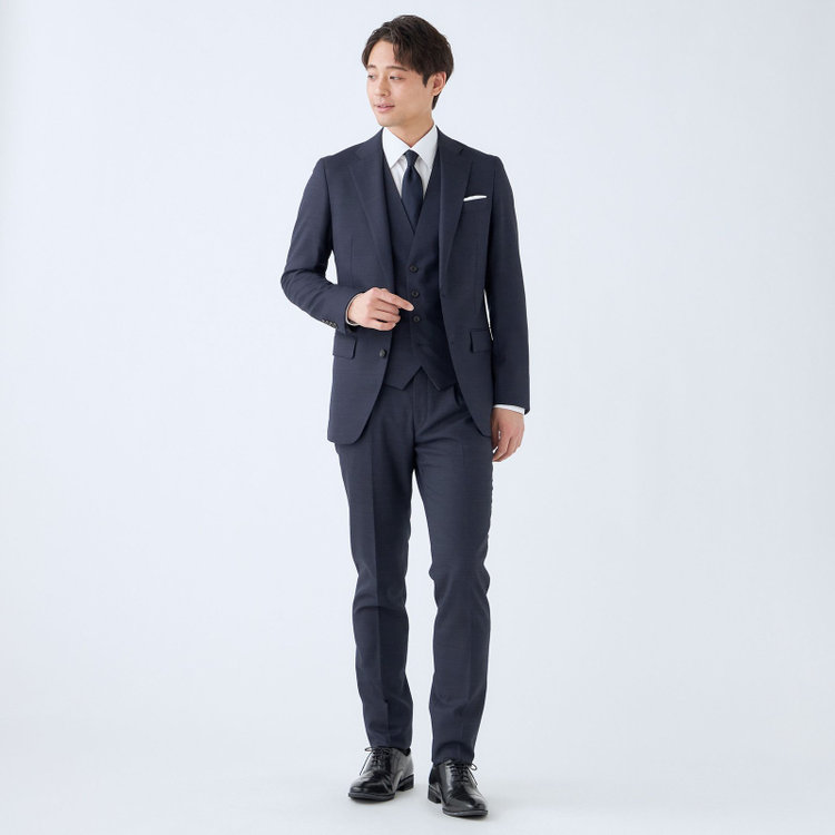 シルバーライン 【CLASSICO TAPERED】【年間】【結婚式対応可】2釦シングルフォーピーススーツ 1タック/ネイビー＋コーディネートパンツグレー/両面ジレ/ウエストムーブ/4S SUSTAINABILITY&ECOLOGY FABRIC/※裾上げ必要 紺中間