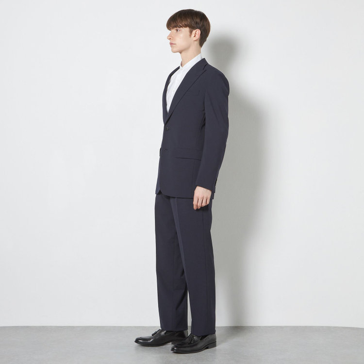ソノタ 【BLACK LINE】【春夏】1タックワイドシルエットパンツ/ネイビー×シアサッカー/NEW ZEALAND WOOL MIX Super100’s/※裾上げ必要 紺中間