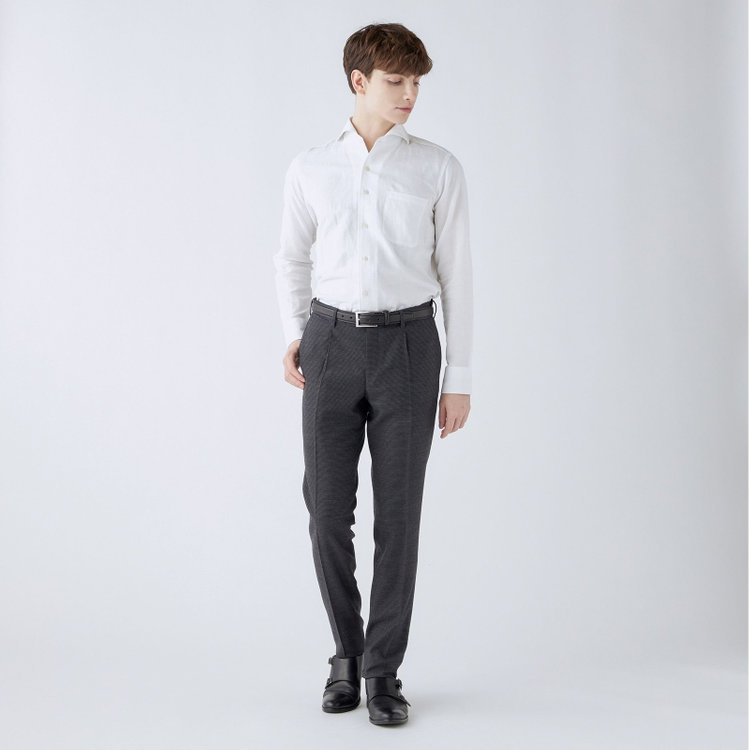 シルバーライン 【CLASSICO TAPERED】【秋冬】ウール ブレンド1タックテーパードパンツ/グレー×ハウンドトゥース/ウエストムーブ仕様/ウォッシャブル素材/※裾上げ必要 グレー中間