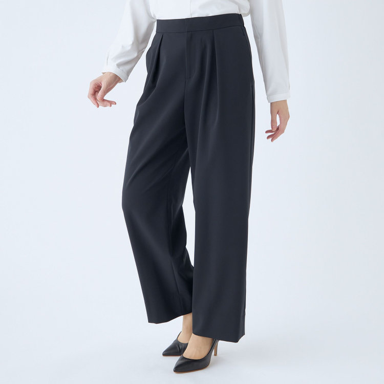 シルバーライン 【SL】【年間】1タックワイドストレートパンツ/ネイビー/ウォッシャブル/※裾上げ済仕様 紺中間