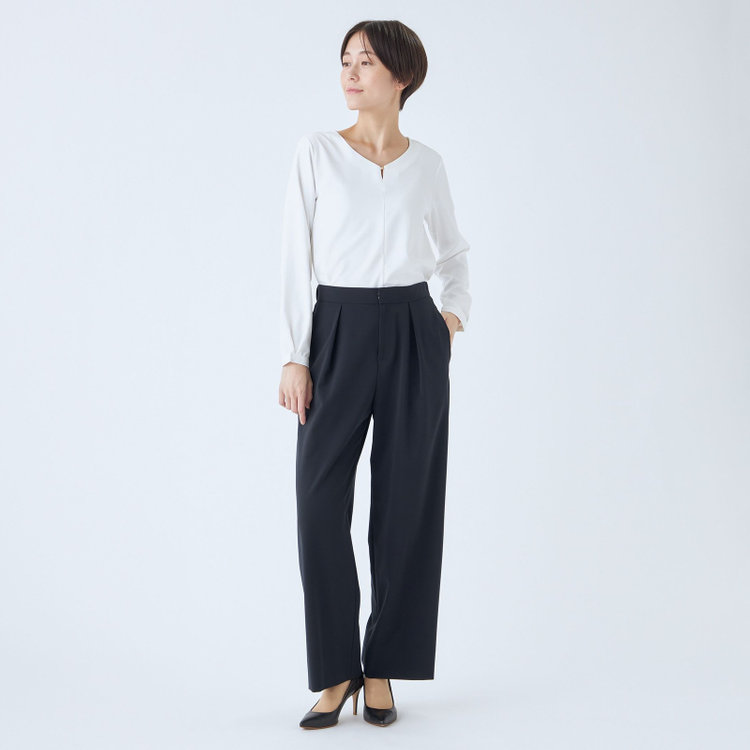 シルバーライン 【SL】【年間】1タックワイドストレートパンツ/ネイビー/ウォッシャブル/※裾上げ済仕様 紺中間