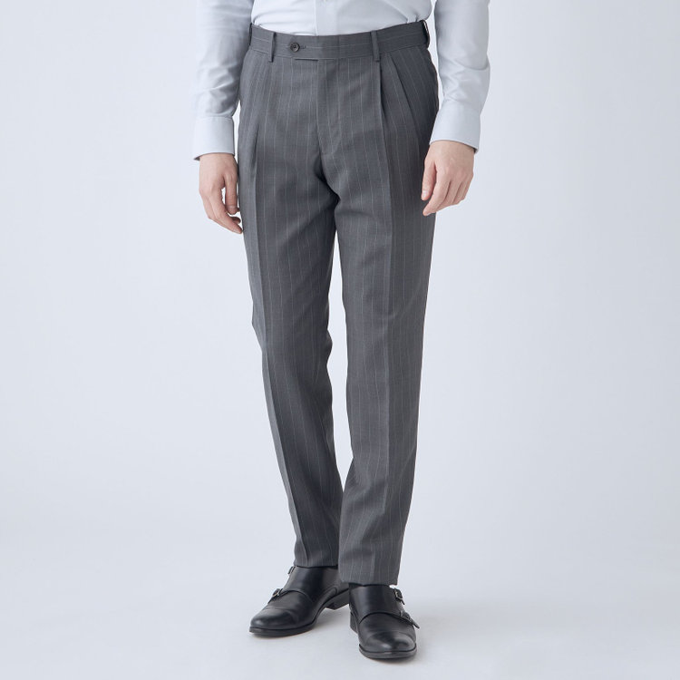 シルバーライン 【CLASSICO TAPERED】【春夏】3釦段返りシングルスーツ 2タック/グレー×ストライプ/ウエストムーブ仕様/MARZOTTO/※パンツ裾直し必要 グレー中間