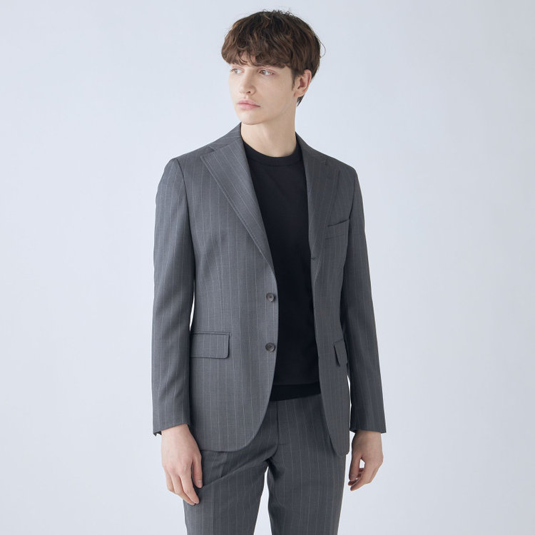 シルバーライン 【CLASSICO TAPERED】【春夏】3釦段返りシングルスーツ 2タック/グレー×ストライプ/ウエストムーブ仕様/MARZOTTO/※パンツ裾直し必要 グレー中間