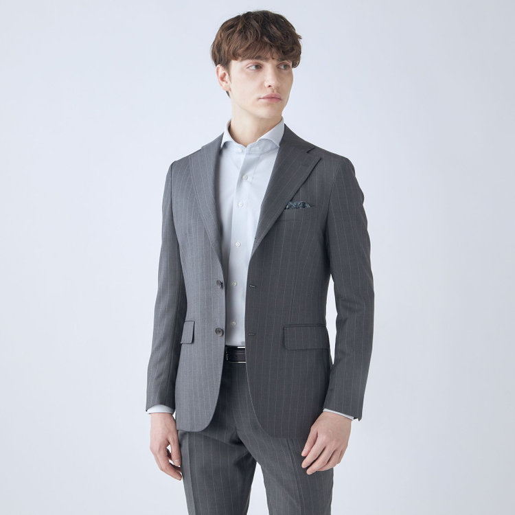シルバーライン 【CLASSICO TAPERED】【春夏】3釦段返りシングルスーツ 2タック/グレー×ストライプ/ウエストムーブ仕様/MARZOTTO/※パンツ裾直し必要 グレー中間