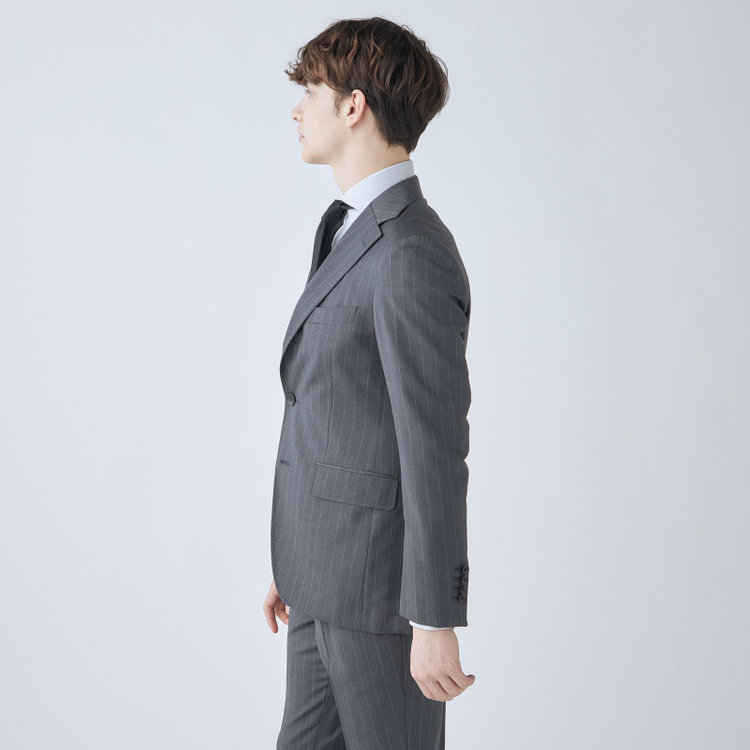 シルバーライン 【CLASSICO TAPERED】【春夏】3釦段返りシングルスーツ 2タック/グレー×ストライプ/ウエストムーブ仕様/MARZOTTO/※パンツ裾直し必要 グレー中間