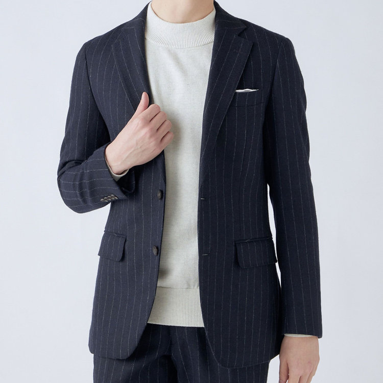 シルバーライン 【発送在庫あり】【CLASSICO TAPERED】【秋冬】2釦シングルスーツ 1タック/ネイビーストライプ/RE:NEWOOL/※裾上げ必要 紺中間