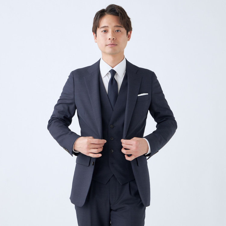シルバーライン 【CLASSICO TAPERED】【年間】【結婚式対応可】2釦シングルフォーピーススーツ 1タック/ネイビー＋コーディネートパンツグレー/両面ジレ/ウエストムーブ/4S SUSTAINABILITY&ECOLOGY FABRIC/※裾上げ必要 紺中間