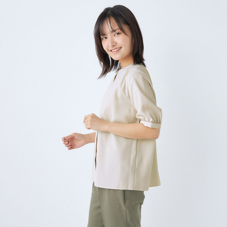 シルバーライン 【SILVER LINE/5分袖】配色切り替えバンドカラープルオーバー/ベージュ 茶淡色