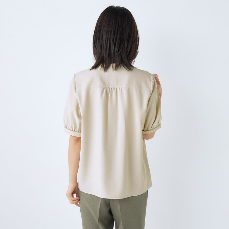 シルバーライン 【SILVER LINE/5分袖】配色切り替えバンドカラープルオーバー/ベージュ 茶淡色