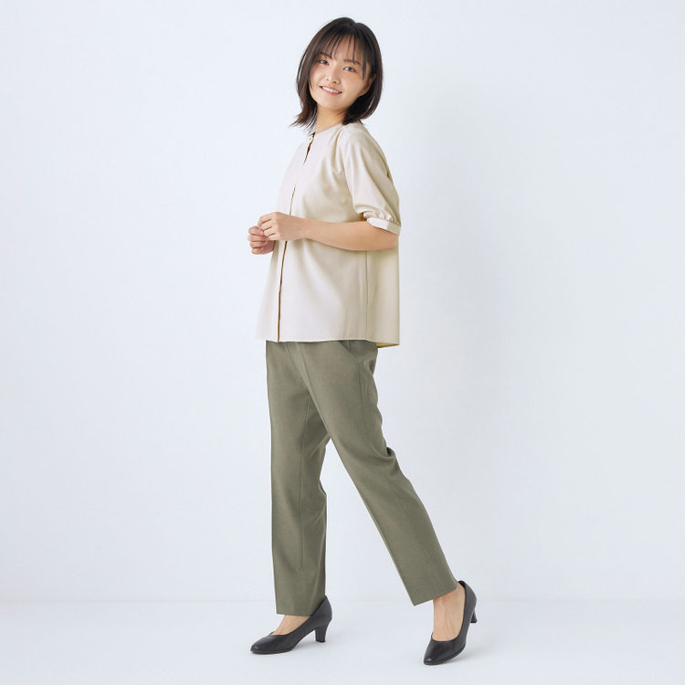 シルバーライン 【SILVER LINE/5分袖】配色切り替えバンドカラープルオーバー/ベージュ 茶淡色