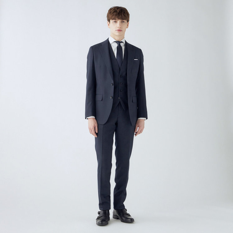 シルバーライン 【CLASSICO TAPERED】【年間】2釦シングルスリーピーススーツ 1タック/ネイビー×ピンドット/※裾上げ必要 紺中間