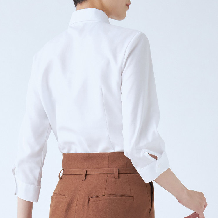 SUIT SELECT　アウトレット 【WEB限定/OUTLET/汚れ・キズ等有】【SL/七分袖】レギュラーワンピースカラーブラウス/ホワイト×ドビーツイル/TOUGH BUTTON・NON IRON 白