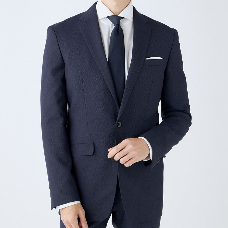 ブラックライン 【SLIM TAPERED_2】【秋冬】2釦シングルスーツ 0タック/ネイビー×バーズアイ/ウエストシャーリング/4S SUSTAINABILITY&ECOLOGY FABRIC/※パンツ裾上げ済仕様 紺中間