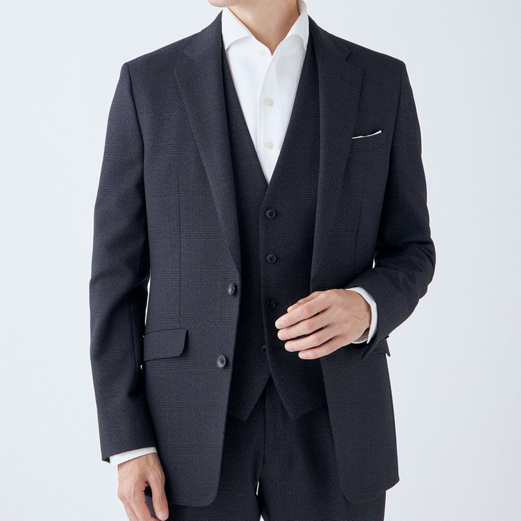 ブラックライン 【発送在庫あり】【SLIM TAPERED_2】【秋冬】2釦シングルスリーピーススーツ 0タック/ネイビー×チェック/ウエストシャーリング/4S SUSTAINABILITY&ECOLOGY FABRIC/※パンツ裾上げ済仕様 紺濃色