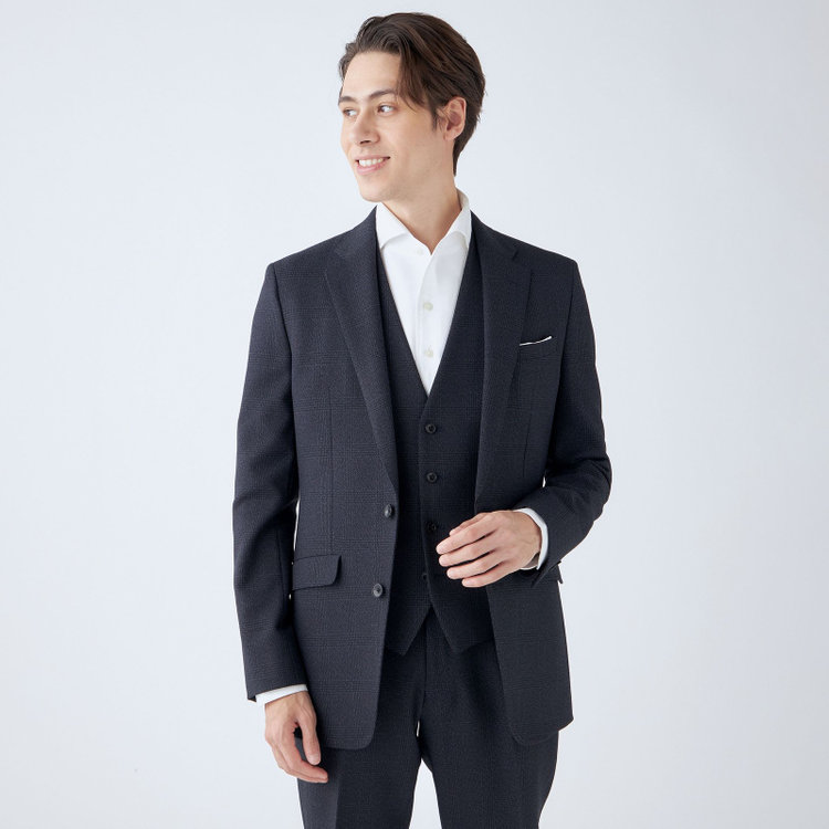 ブラックライン 【発送在庫あり】【SLIM TAPERED_2】【秋冬】2釦シングルスリーピーススーツ 0タック/ネイビー×チェック/ウエストシャーリング/4S SUSTAINABILITY&ECOLOGY FABRIC/※パンツ裾上げ済仕様 紺濃色