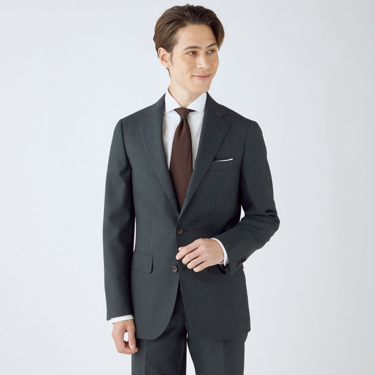 シルバーライン 【CLASSICO TAPERED】【秋冬】3釦段返りスーツ 2タック/グレー×シャドーチェック/ウエストムーブ/NEW ZEALAND WOOL MIX/※裾上げ必要 緑濃色