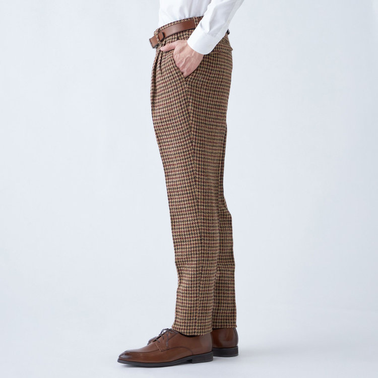シルバーライン 【CLASSICO TAPERED】【秋冬】ウールテーパードパンツ 2タック/ブラウン×チェック+ツイード/Harris Tweed hand woven in the outer hebrides of scotland/※裾上げ必要 茶淡色